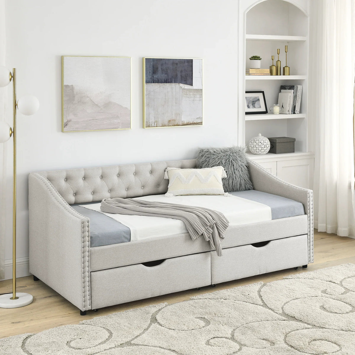 Twin Upholstered Tufted Linen Daybed With Storage Drawers - Omega Lifestyles