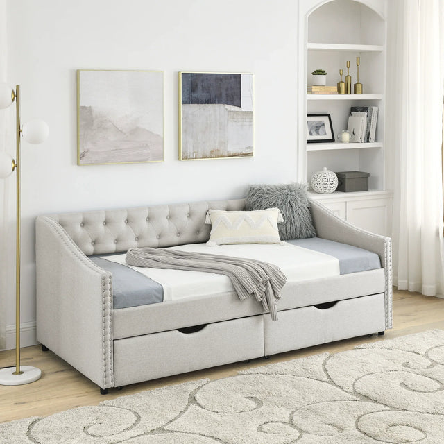 Twin Upholstered Tufted Linen Daybed With Storage Drawers - Omega Lifestyles