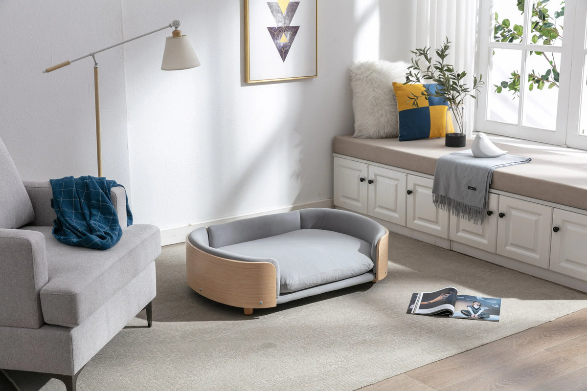 Scandinavian Solid Wood Elevated Pet Sofa Bed With Velvet Cushion - Omega Lifestyles