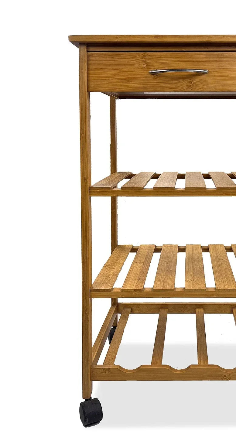 Contemporary Bamboo Trolley With 3-Tier Shelves And Drawer - Omega Lifestyles