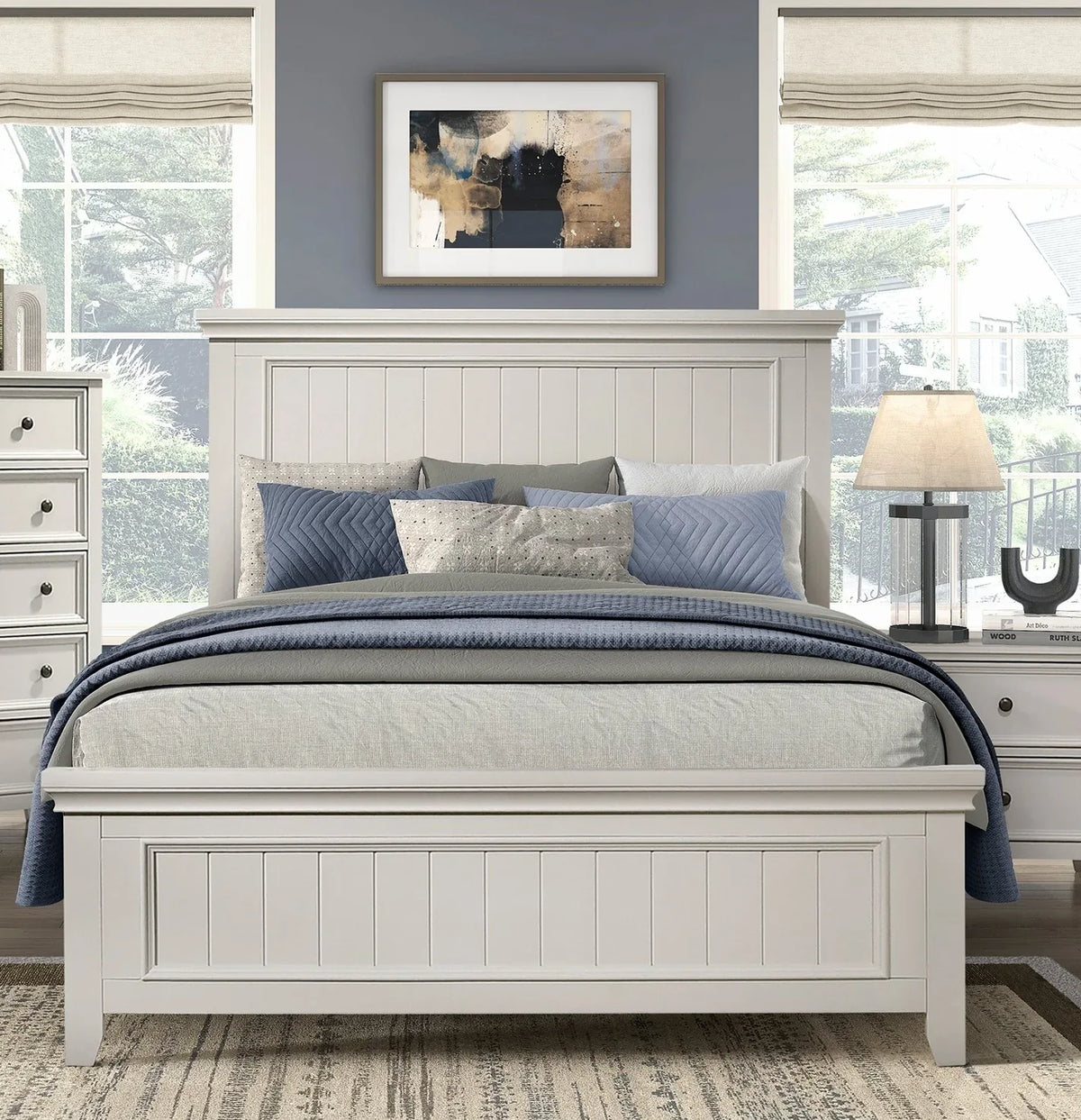 Queen Farmhouse White Wood Panel Bed Frame - Omega Lifestyles
