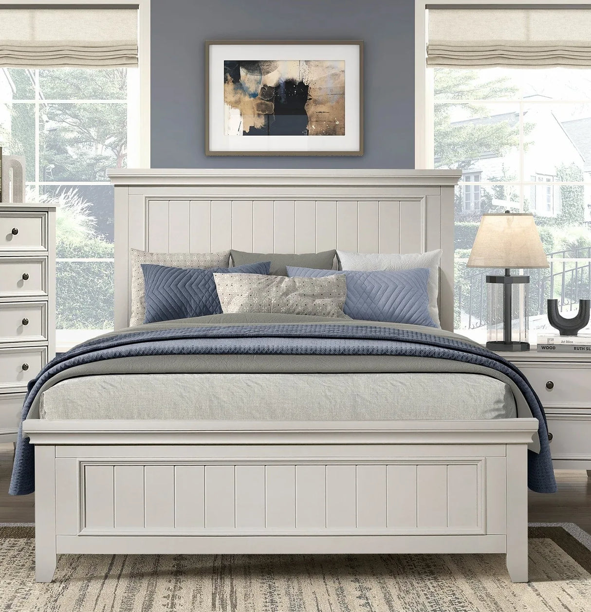 Queen Farmhouse White Wood Panel Bed Frame - Omega Lifestyles
