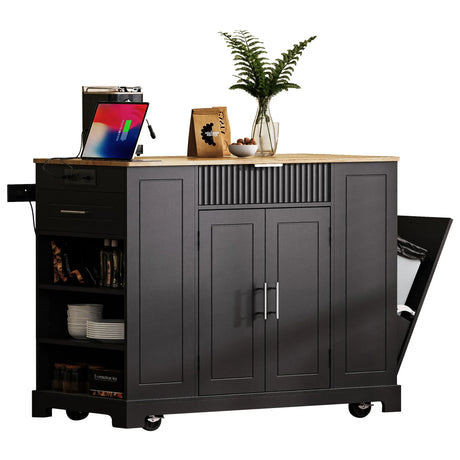 Fluted Rubber Wood Kitchen Island With Trash Can Cabinet - Omega Lifestyles