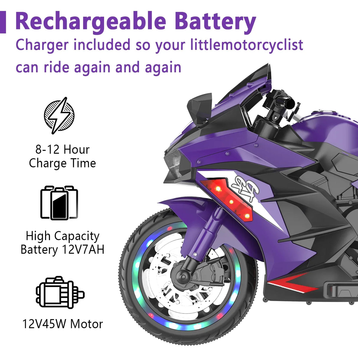 12V Violet Kids Electric Ride-On Motorcycle Toy - Omega Lifestyles
