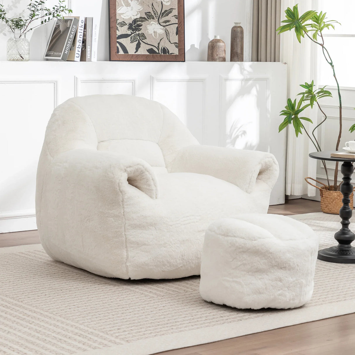 Faux Fur High Density Foam Bean Bag Chair With Footstool - Omega Lifestyles