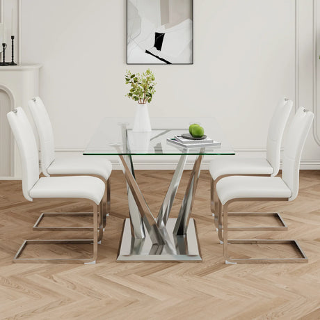 Modern Glass Dining Table With Stainless Steel Base Set - Omega Lifestyles