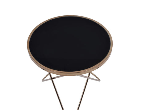 Black Glass Metal Round End Table Champagne Finish - Omega Lifestyles