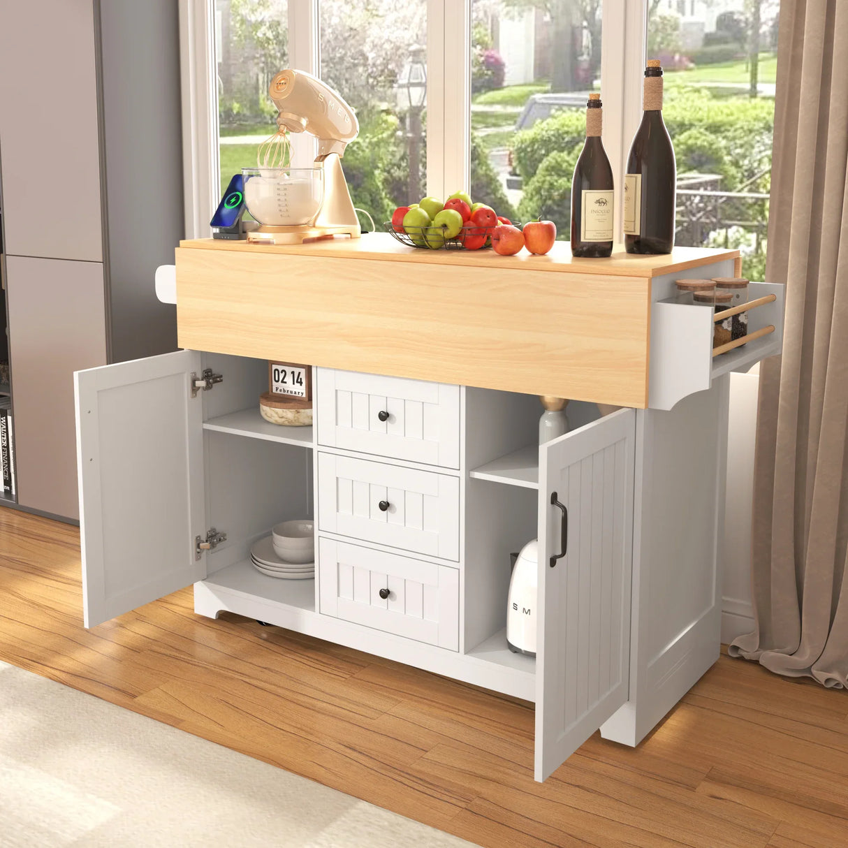 Folding Kitchen Island Cart With Power Outlet and Storage - Omega Lifestyles