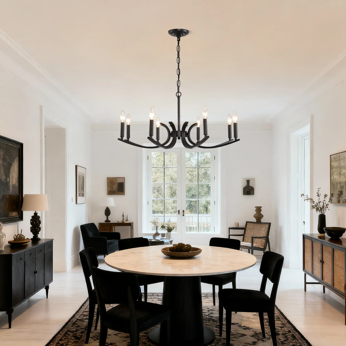 8-Light Matte Black Metal Farmhouse Chandelier Adjustable Height - Omega Lifestyles