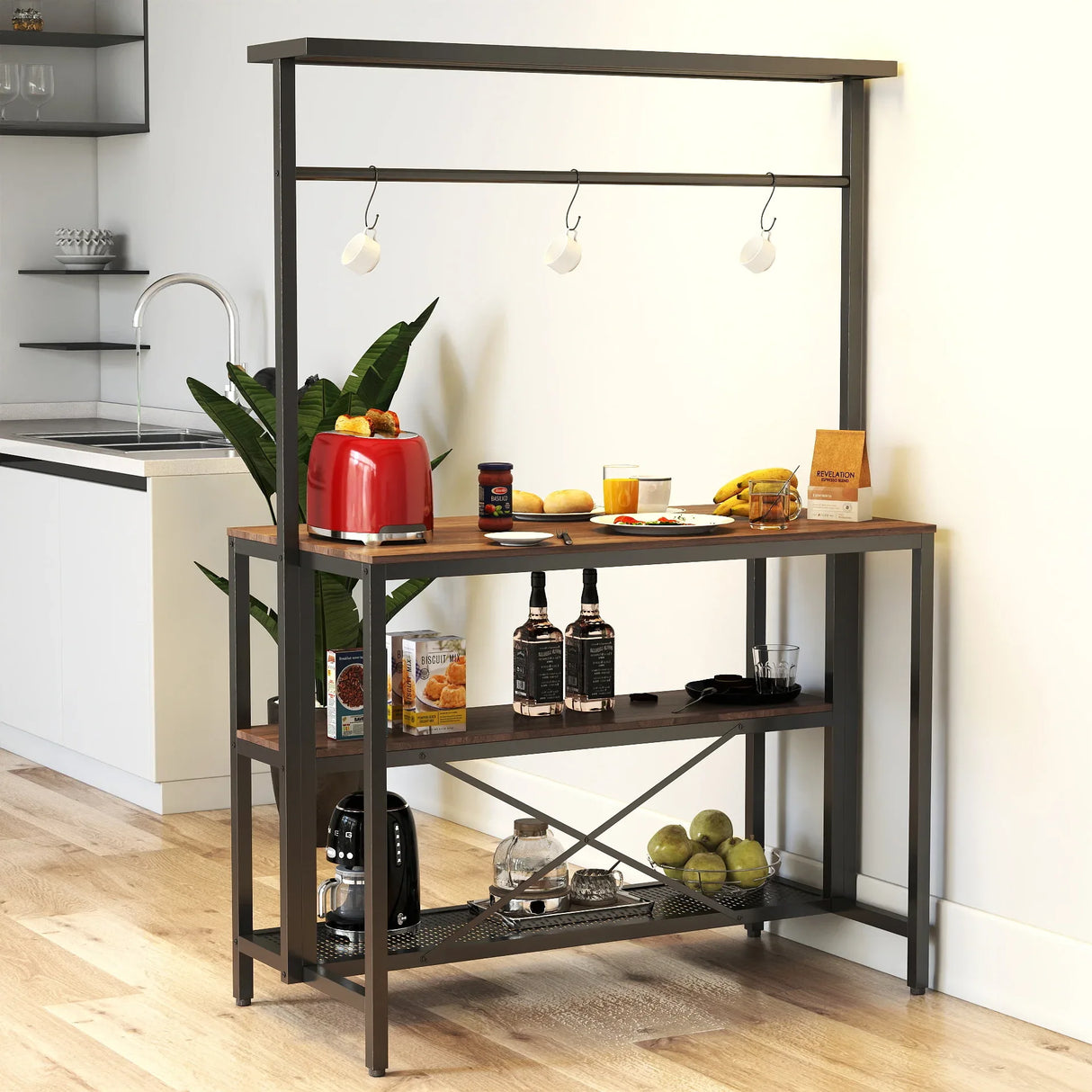 Kitchen Island Table With 3 Tier Storage And Hooks - Omega Lifestyles