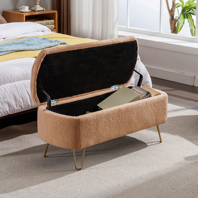 Camel Faux Fur Storage Ottoman Bench With Gold Legs - Omega Lifestyles
