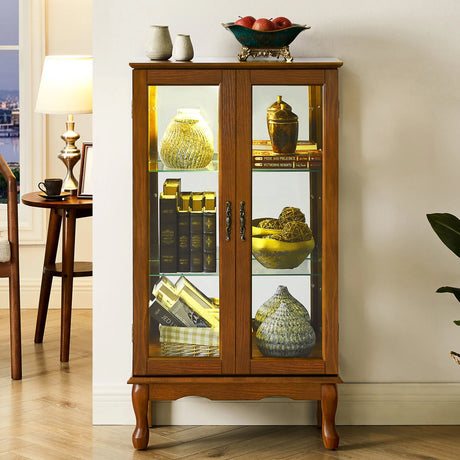 Lighted Oak Curio Cabinet With Adjustable Tempered Glass Shelves - Omega Lifestyles