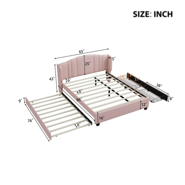 Queen Upholstered Linen Platform Bed With Trundle Drawers - Omega Lifestyles