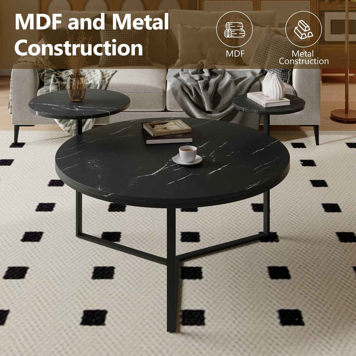 Modern Round Coffee Table With Faux Marble Shelves - Sleep Galleria