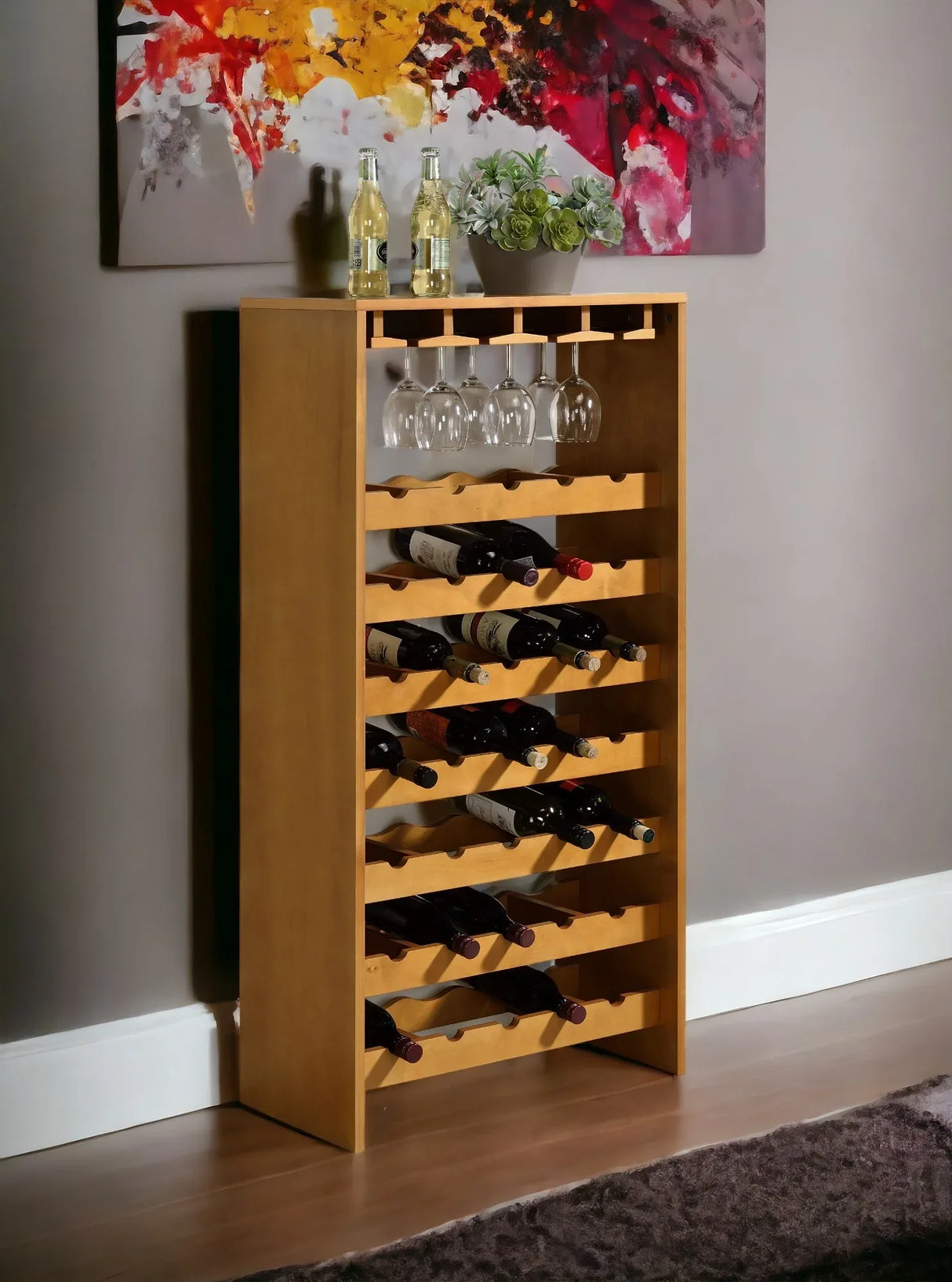 Oak Finish Particle Board Wine Rack With Stemware Holders - Omega Lifestyles