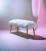 White Faux Fur Armless Backless Gold Finish Bench - Omega Lifestyles