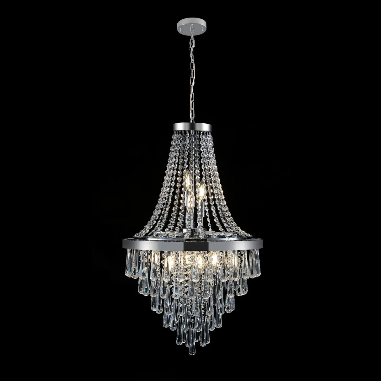 20-Foot Chrome Crystal Chandelier Adjustable Height Lighting Fixture - Omega Lifestyles