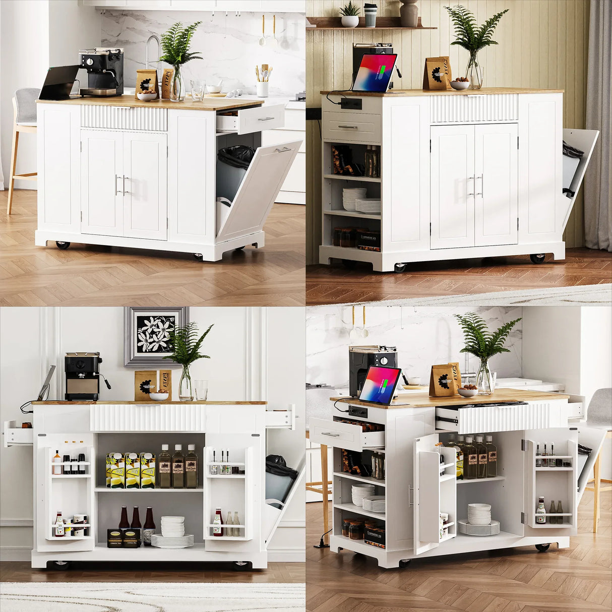 Fluted Rubber Wood Kitchen Island With Tilt-Out Trash Can - Omega Lifestyles