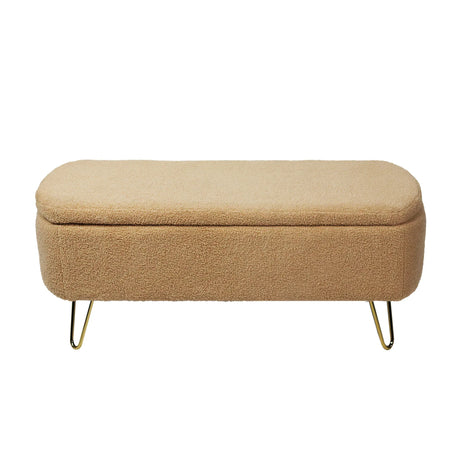 Camel Faux Fur Storage Ottoman Bench With Gold Legs - Omega Lifestyles