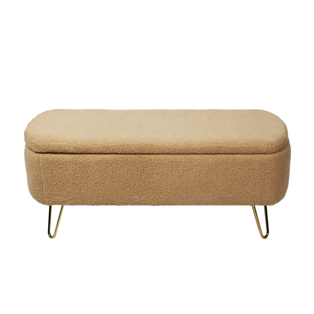 Camel Faux Fur Storage Ottoman Bench With Gold Legs - Omega Lifestyles