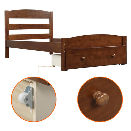 Twin Walnut Solid Wood Platform Bed Frame With Storage Drawer - Omega Lifestyles