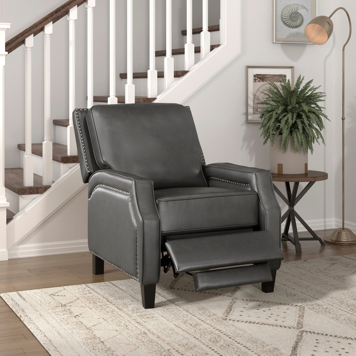 Transitional Gray Faux Leather Push-Back Reclining Chair