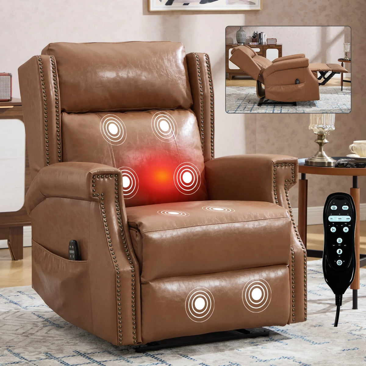 Camel Faux Leather Manual Recliner Chair With Massage Heat - Omega Lifestyles