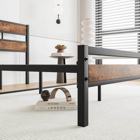 Full Full-Size Industrial Metal And Wood Platform Bed Frame - Omega Lifestyles