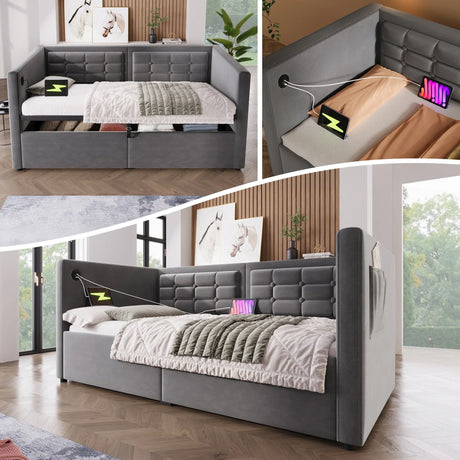 Twin Gray Velvet Upholstered Hydraulic Storage Daybed With USB Charging - Omega Lifestyles