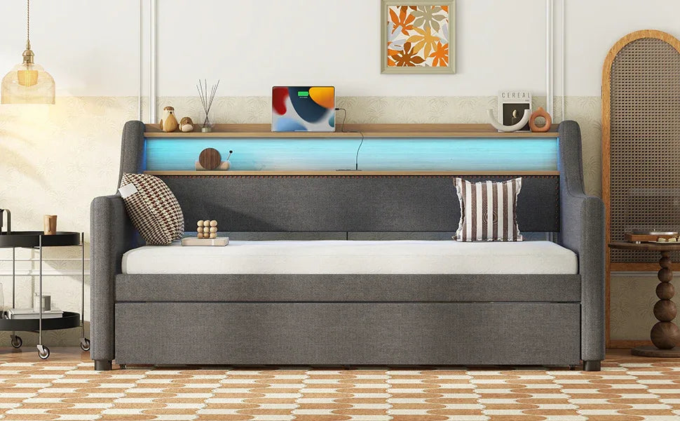 Twin Linen Upholstered Daybed With Trundle Charging Station - Omega Lifestyles