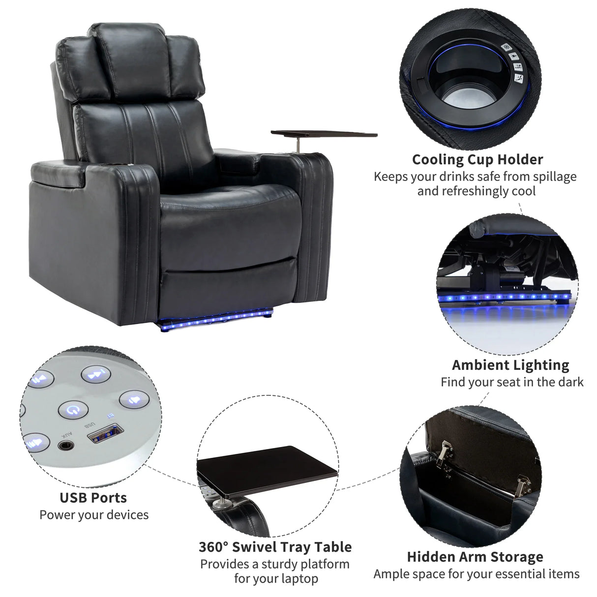 Power PU Leather Recliner Chair With Cooling Cup Holder - Omega Lifestyles