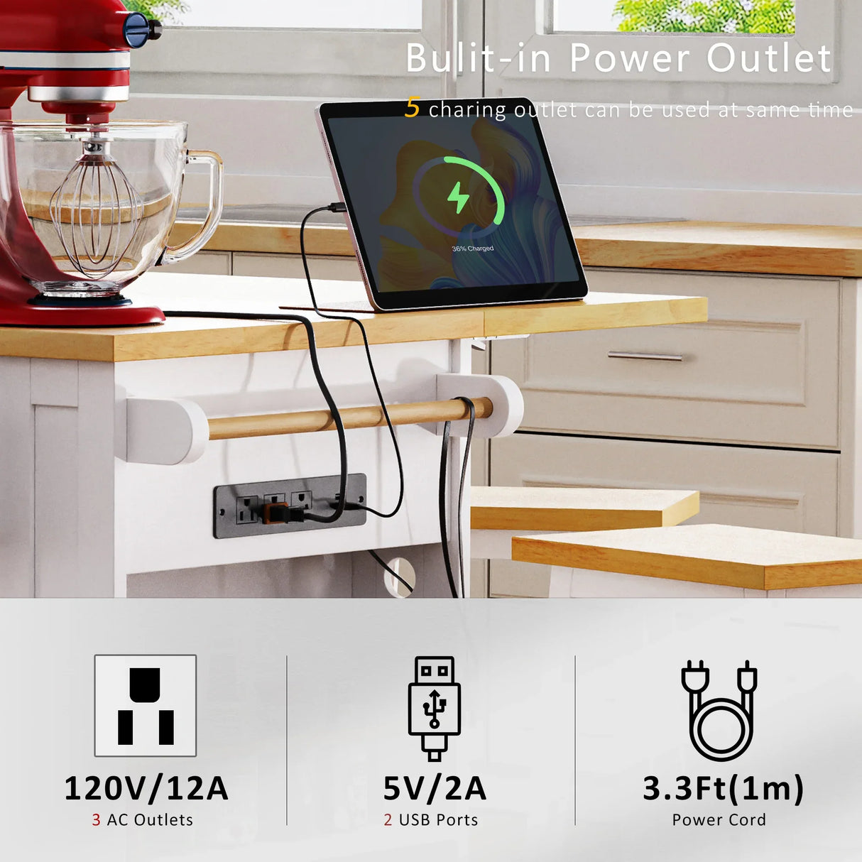 Large Kitchen Island Cart With Drop Leaf And Power Outlet - Omega Lifestyles