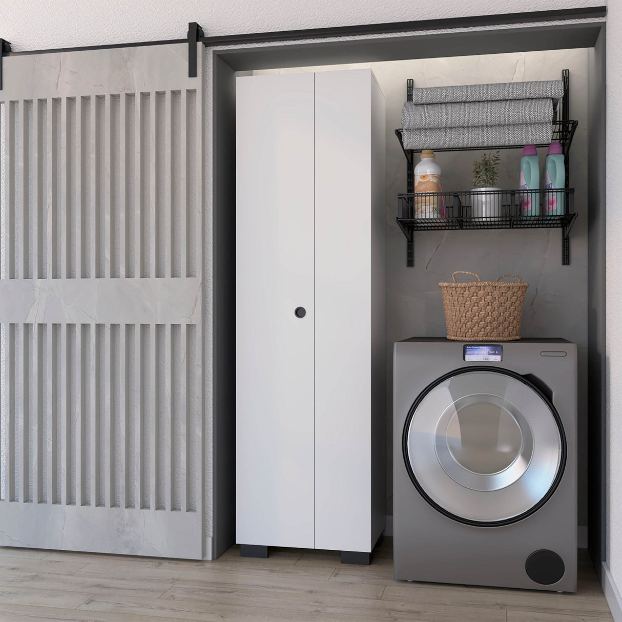 Modern White Particle Board Kitchen Broom Cabinet With Storage