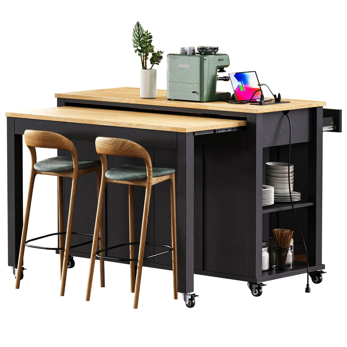 Extendable Rubber Wood Veneer Kitchen Island Cart - Omega Lifestyles