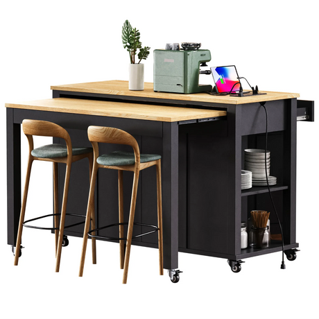 Extendable Rubber Wood Veneer Kitchen Island Cart - Omega Lifestyles
