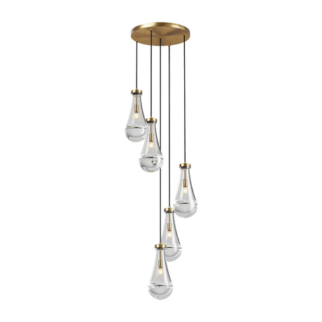 5-Light Brass Raindrop Glass Adjustable Pendant Chandelier - Omega Lifestyles