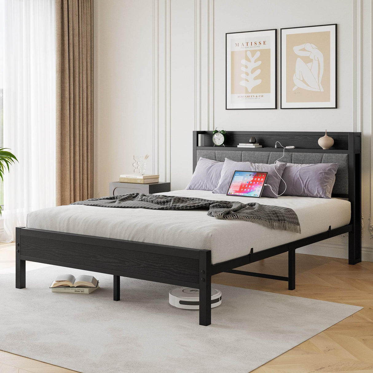 Queen Metal Wood Storage Bed Frame With Charging Station