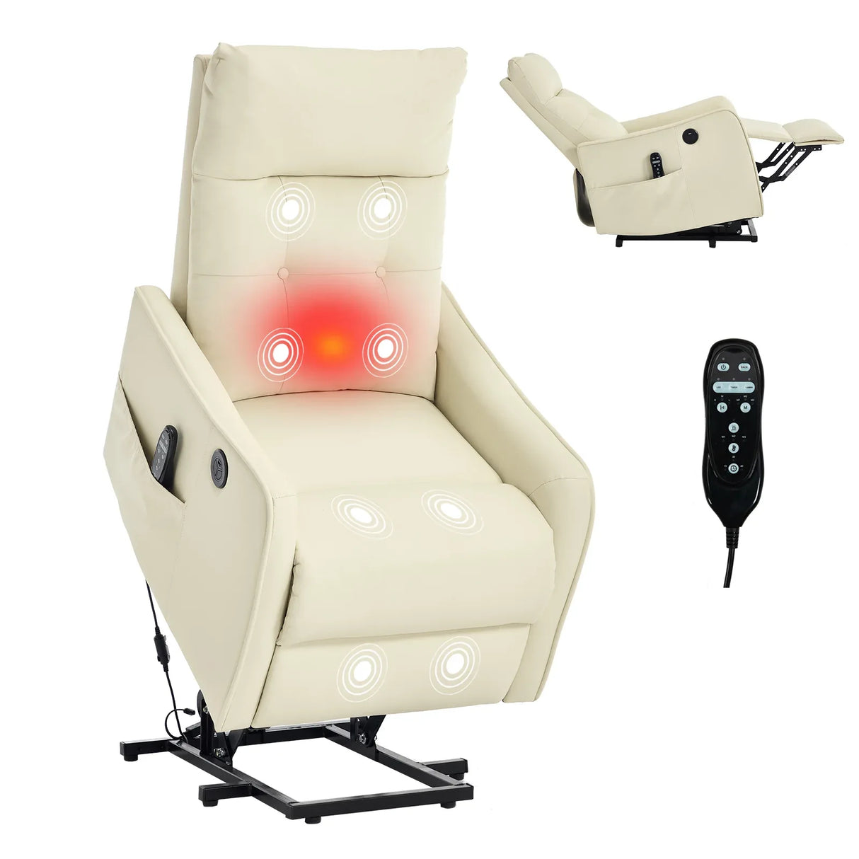 Beige Faux Leather Power Lift Recliner Chair With Massage Heat - Omega Lifestyles