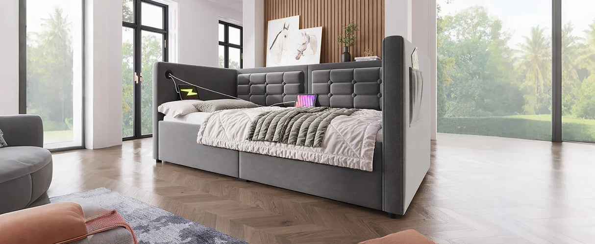 Twin Gray Velvet Upholstered Hydraulic Storage Daybed With USB Charging - Omega Lifestyles