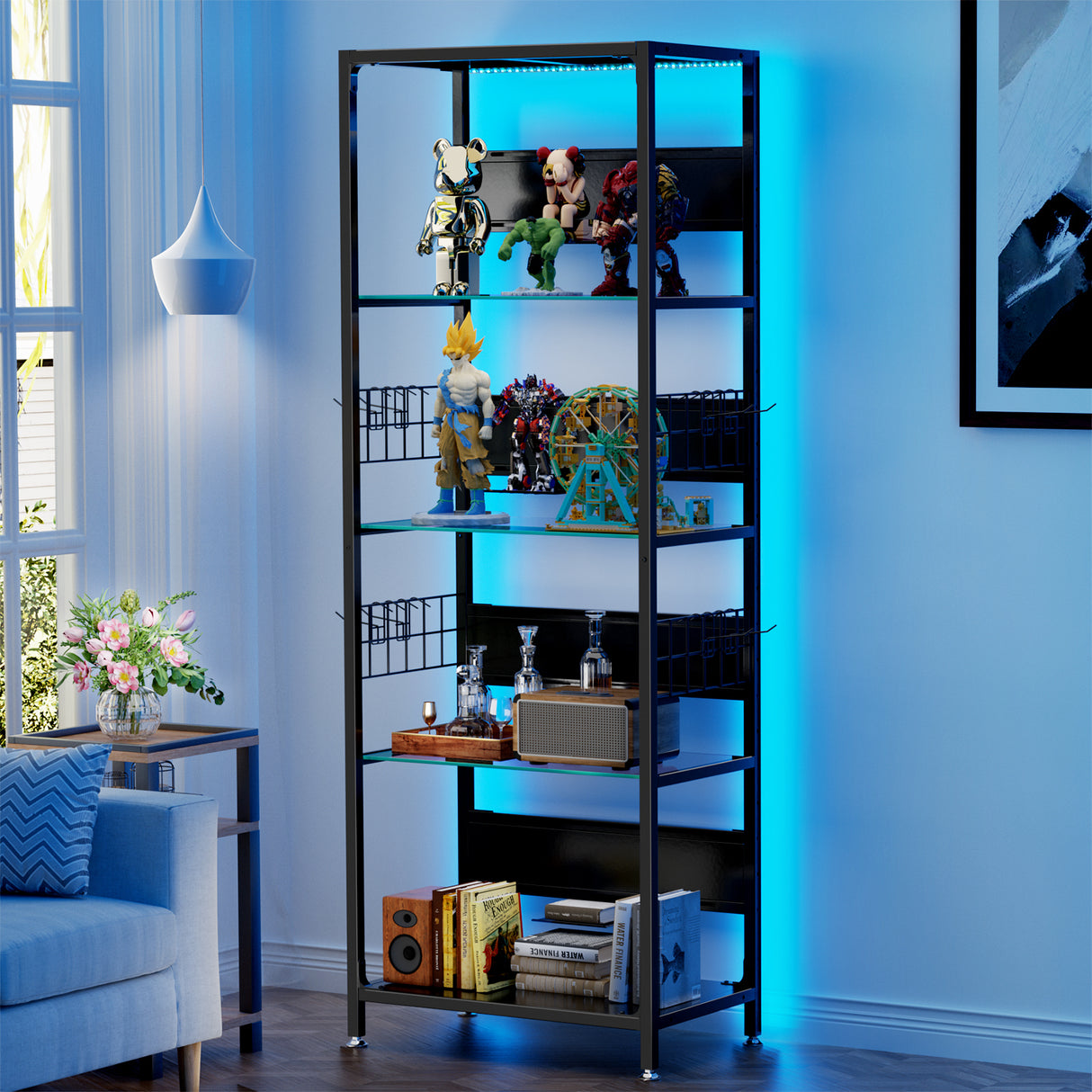 4-Tier RGB Lighted Glass Display Shelf With Storage Hooks