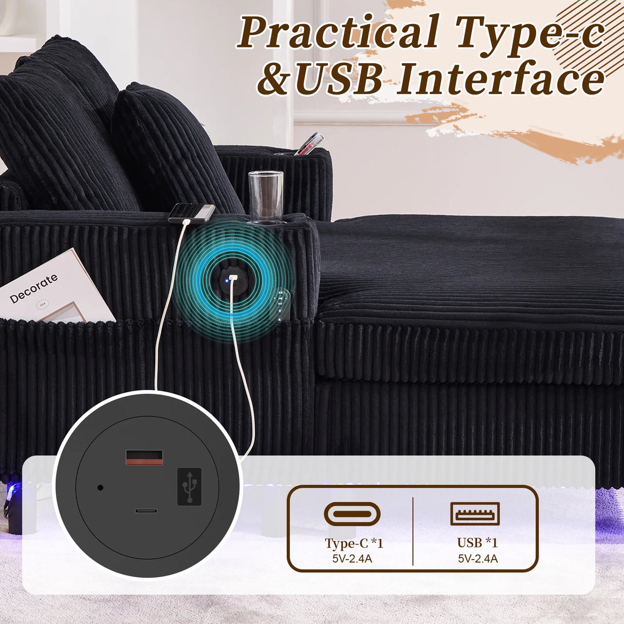 Oversized Corduroy Recliner Sofa With USB Charging - Omega Lifestyles