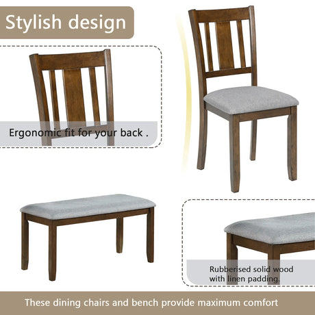 6-Piece Solid Wood Dining Table Set With Bench - Omega Lifestyles