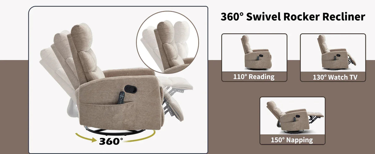 Heat Massage Swivel Rocking Recliner Chair With Lumbar Heat - Omega Lifestyles