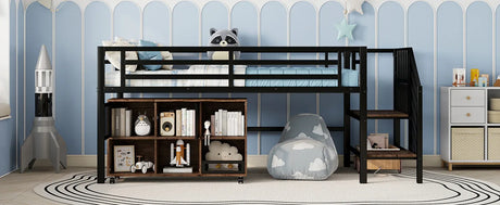 Twin Metal Low Loft Bed With Storage Cubby And Stairs - Omega Lifestyles