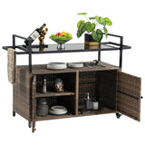 Outdoor Wicker Bar Cart With Glass Top And Wheels - Omega Lifestyles
