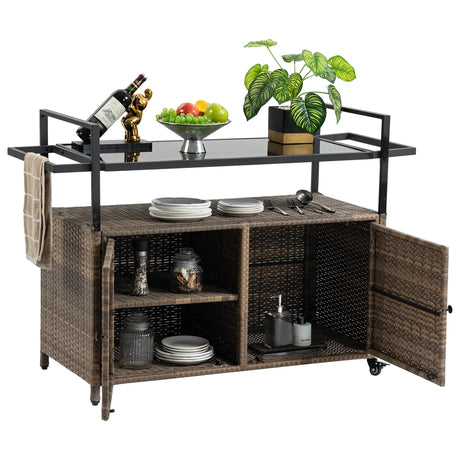 Outdoor Wicker Bar Cart With Glass Top And Wheels - Omega Lifestyles