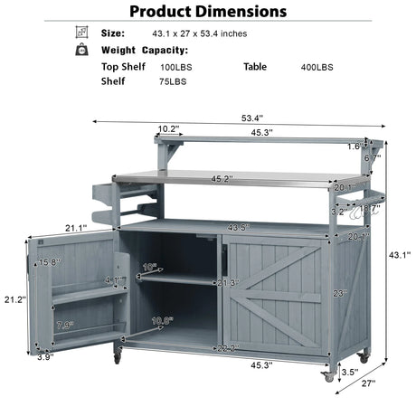 Outdoor Rolling Grill Cart With Raised Shelf Storage - Omega Lifestyles