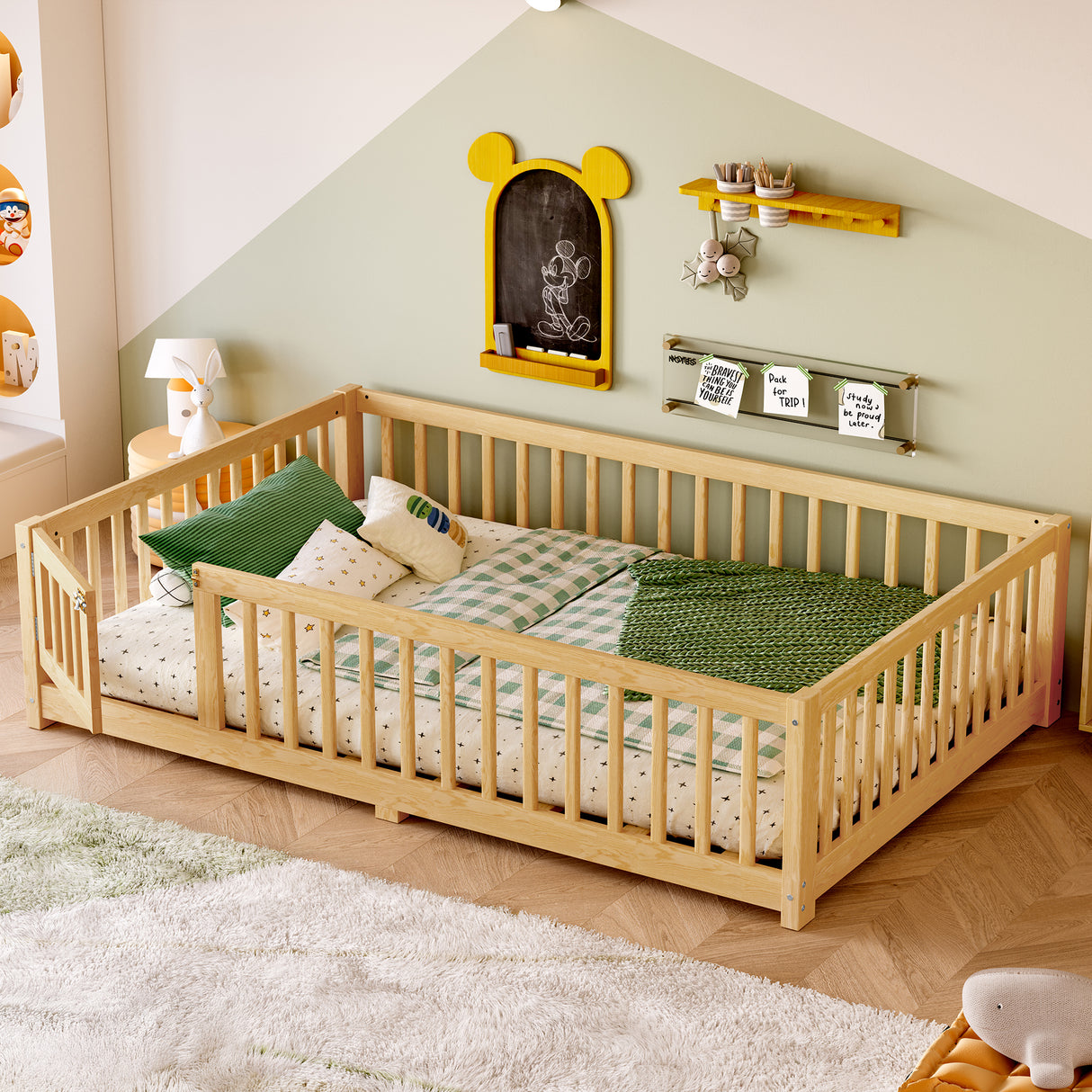 Full Natural Pine Kids Floor Bed With Safety Rails