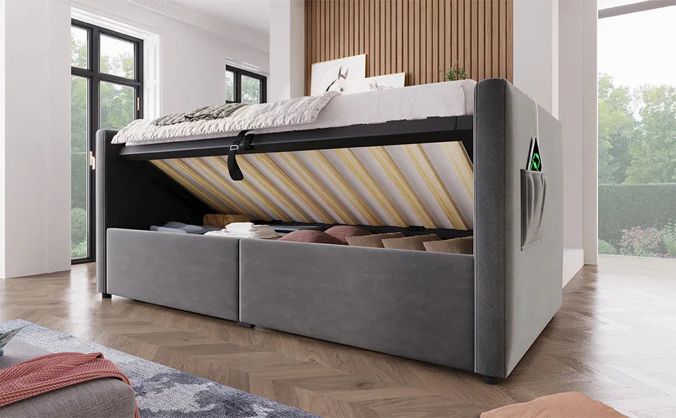 Twin Gray Velvet Upholstered Hydraulic Storage Daybed With USB Charging - Omega Lifestyles