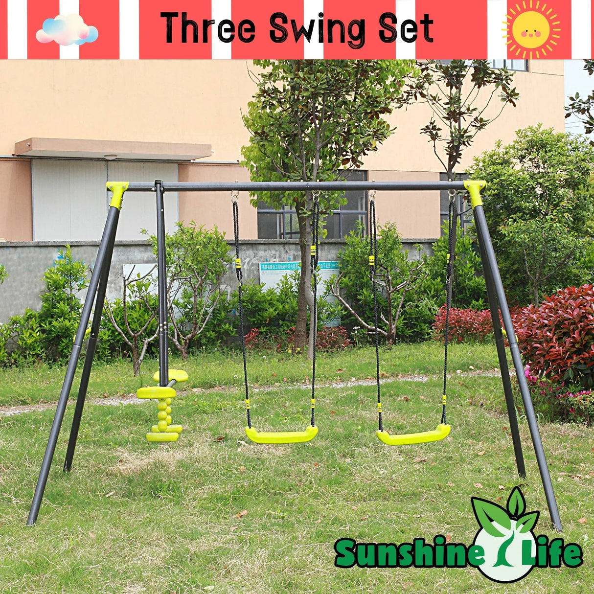 Three Seat Steel Children’s Outdoor Swing Set - Omega Lifestyles